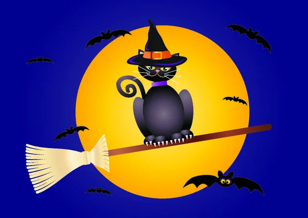 Halloween Fekete Macska Visel Boszorkány Kalap Repül Seprûnyél Illusztráció — Stock Vector