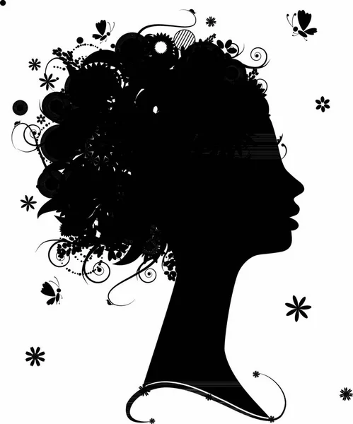 Weibliche Profil Silhouette Florale Frisur Für Ihr Design — Stockvektor