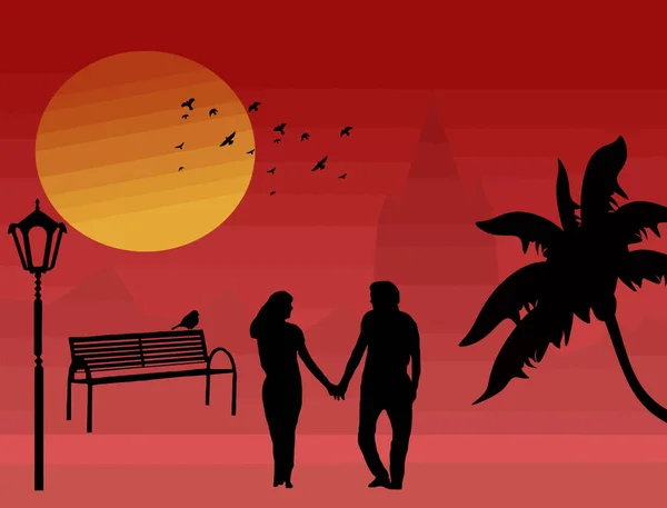 Couple Dans Parc Urbain Coucher Soleil Tropical Illustration Vectorielle — Image vectorielle