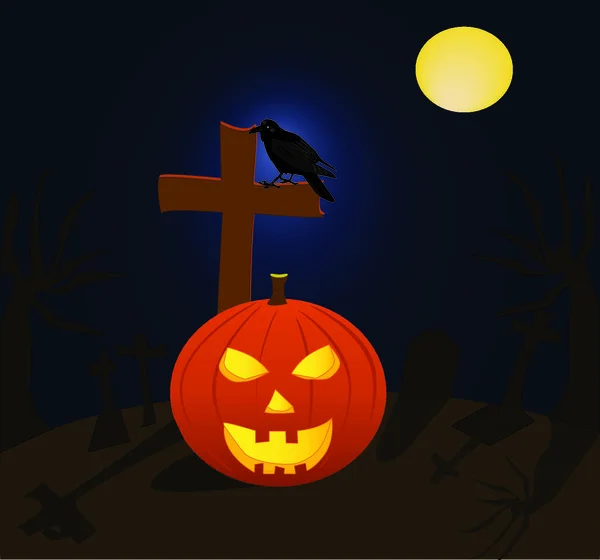 Halloween Tök Holló Temetőben Teliholdkor — Stock Vector