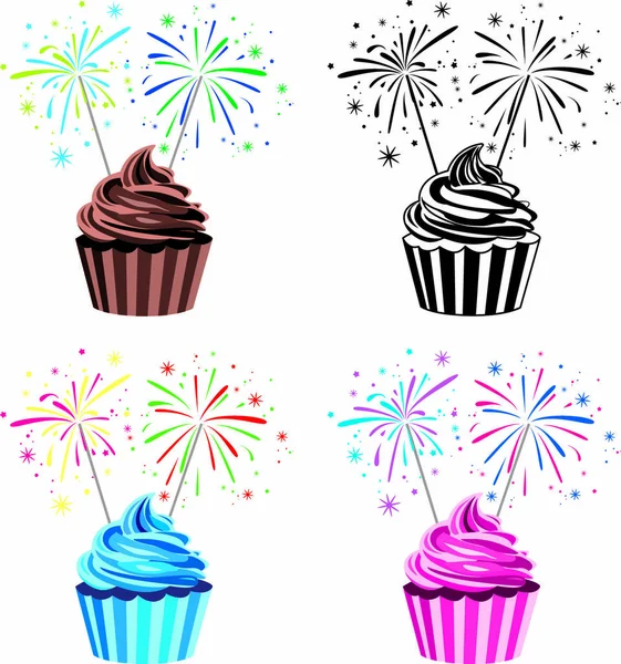 Vector Collection Colorful Fruit Chocolate Birthday Cupcakes Burning Sparklers — Stock Vector