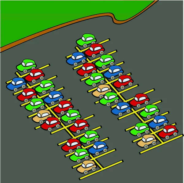 Cartoon Illustration Verschiedenfarbiger Autos Auf Einem Parkplatz — Stockvektor