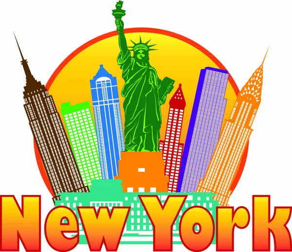 ニューヨーク市カラフルなスカイラインと自由の女神の円概要とテキストイラスト — ストックベクタ