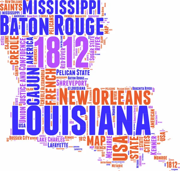 Louisiana Verenigde Staten Staat Kaart Vector Tag Cloud Illustratie — Stockvector