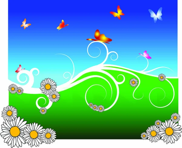 Voorjaarsweide Met Bloemen Vlinders — Stockvector