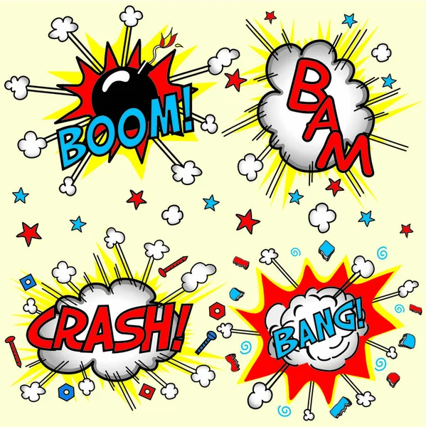 Crash Boom Bam Und Bang Vier Gruppierte Comic Wolkenbrüche Und — Stockvektor