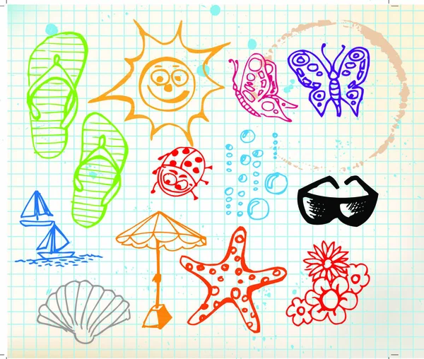 Elemente Doodle Vară Soare Ocean Floare — Vector de stoc