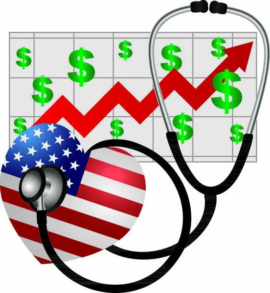 白底图上有健康成本上升图表的听写美国国旗心跳的听诊器 — 图库矢量图片