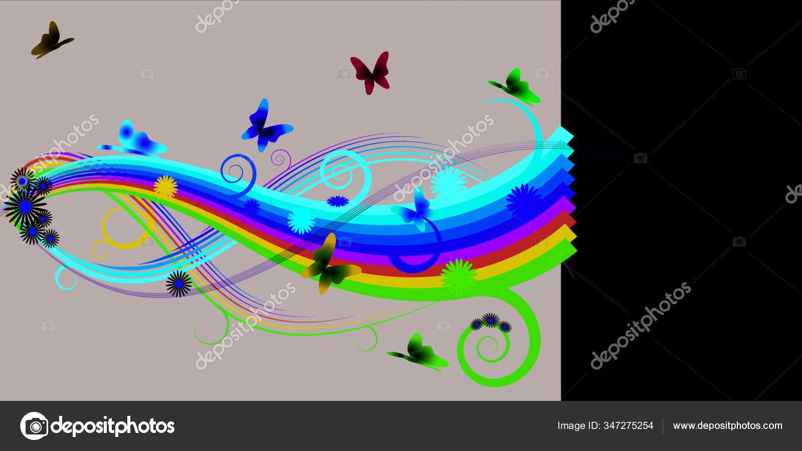 Rainbow Flowers Butterflies Black Background Stock Vector by ©YAYImages