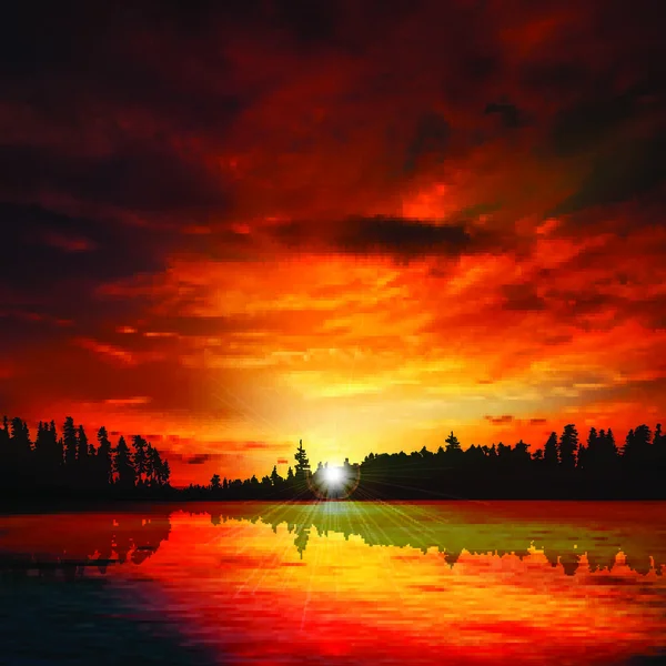 abstract nature dark background with forest lake red sunset and clouds