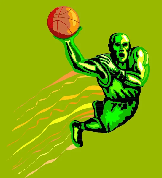 Illustration Eines Grünen Basketballspielers Dunking Ball — Stockvektor