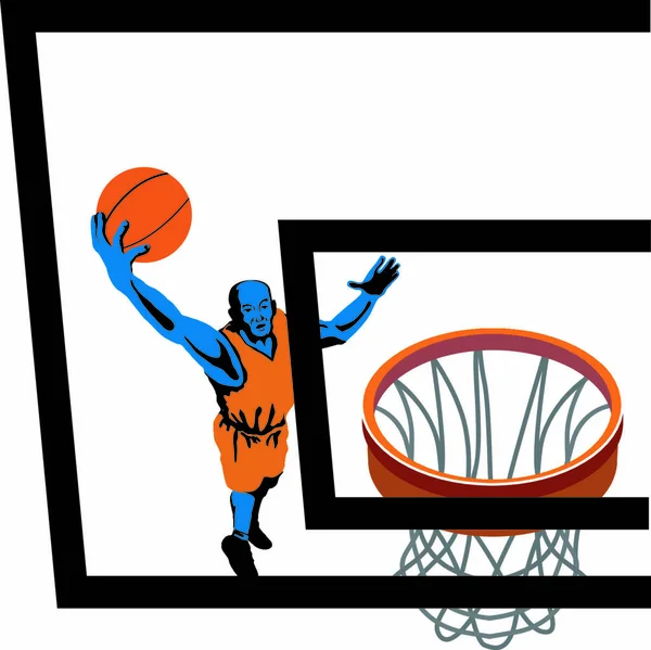 Illustration Eines Basketballspielers Beim Dunking Eines Balls Von Oben Betrachtet — Stockvektor