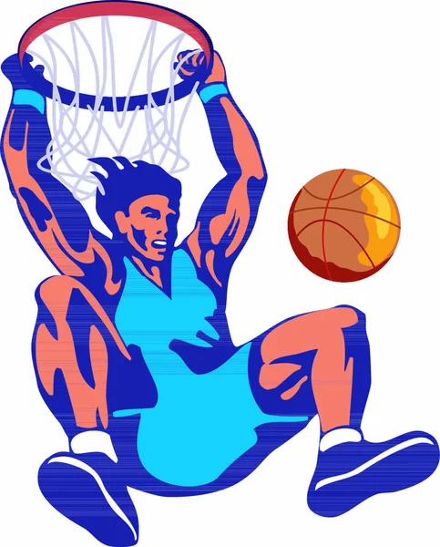 Illustration Eines Basketballers Dunking Ball Retro Stil — Stockvektor