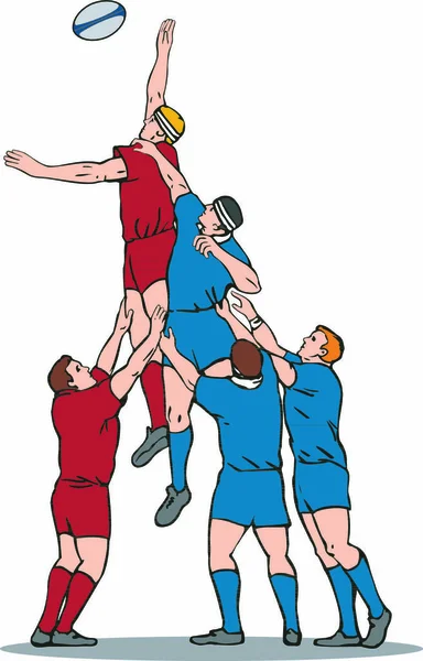 Illustrazione Giocatore Rugby Che Cattura Palla Lineout Fatto Stile Retrò — Vettoriale Stock