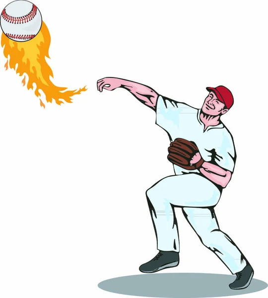 白地に隔離された火の上にボールを投げるアメリカの野球選手のアウトフィルダーのイラスト — ストックベクタ