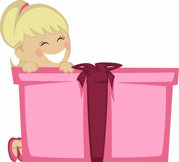 Ένα Όμορφο Ξανθό Κορίτσι Χαμογελά Ένα Μεγάλο Κουτί Δώρου — Διανυσματικό Αρχείο