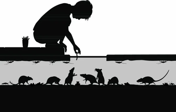 Redigerbara Vektor Silhuetter Ung Pojke Mata Råttor Gata Avlopp Med — Stock vektor