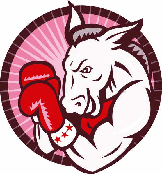 Illustration Eines Demokratischen Esel Maskottchen Boxer Boxen Mit Handschuhen Kreis — Stockvektor