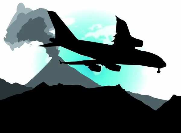 Vector Abstracto Ilustración Avión Paisaje Que Contiene Volcán Activo — Vector de stock