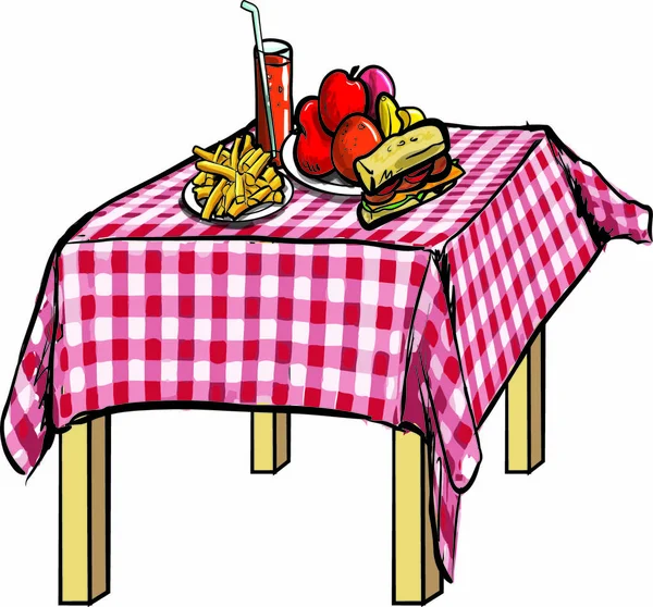 Ilustracja Stołu Piknikowego Jedzeniem Odizolowane Biało — Wektor stockowy