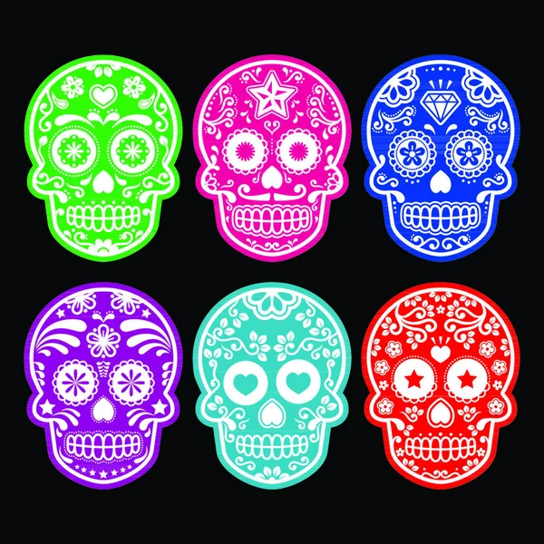 Conjunto Iconos Vectoriales Cráneo Decorado Color Tradición México Iconos Aislados — Archivo Imágenes Vectoriales