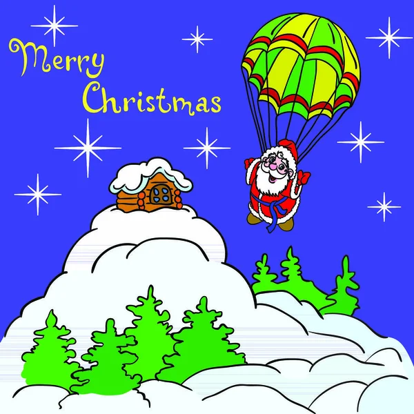 Cheerful Santa Claus Goes Sky Parachute Christmas Illustration — Stock Vector