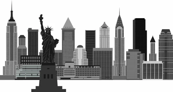 New York City Panorama Sochou Svobody Černé Bílé Ilustrace — Stockový vektor