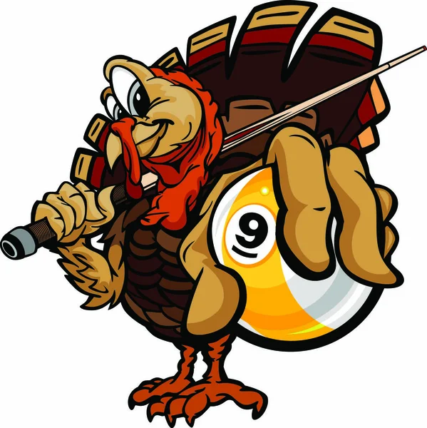 Cartoon Vector Image Thanks Holiday Billiards Pool Turkey Holding Nine — Διανυσματικό Αρχείο