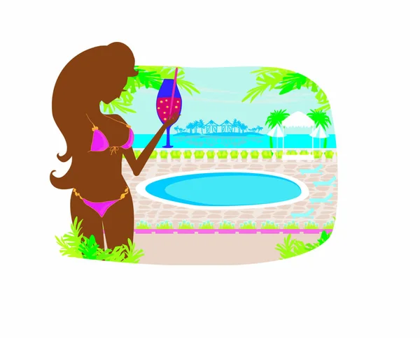 Girl Drink Tropical Pool — Stock Vector