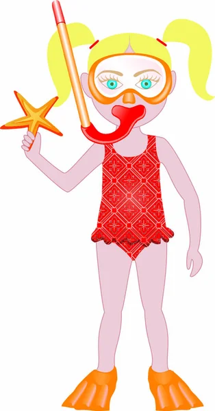 Vector Blond Girl Swimsuit Snorkle Starfish — Stock Vector