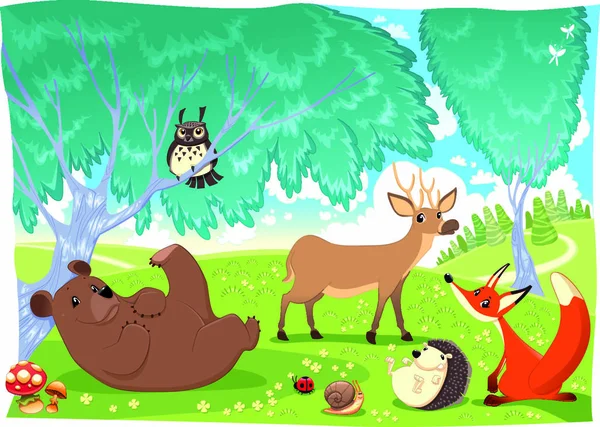 Animales Bosque Divertida Ilustración Dibujos Animados Vectores — Vector de stock