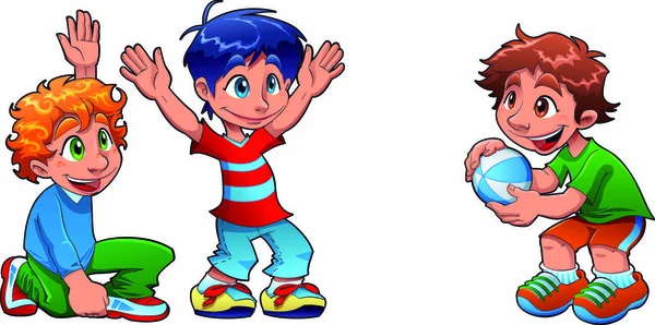 Hrají Tři Děti Vtipné Kreslené Vektorové Postavy — Stockový vektor