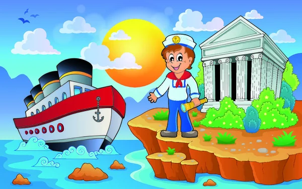 Griekse Kust Met Schip Zeeman Eps10 Vector Illustratie — Stockvector