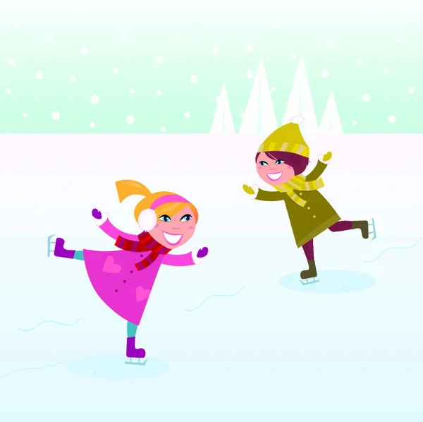 Dos Niños Trajes Invierno Practicando Patinaje Sobre Hielo Lago Congelado — Vector de stock