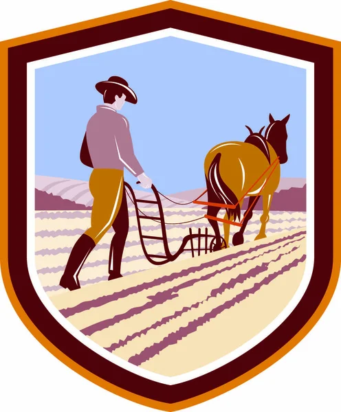 Ilustración Del Campo Granja Labranza Del Granjero Del Caballo Visto — Vector de stock