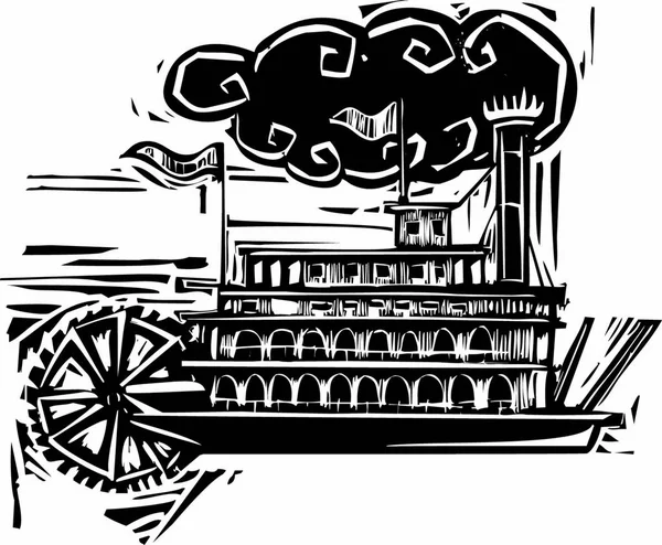 Woodcut Style Side Wheel Mississippi River Steamboat — Stock Vector