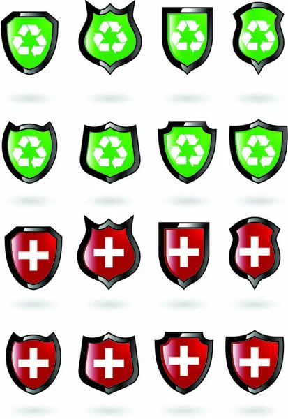 Набір Векторний Червоний Зелений Щит Переробленим Символом Хрестом — стоковий вектор
