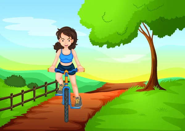 Απεικόνιση Ενός Κοριτσιού Ιππασία Ένα Ποδήλατο Στη Φύση — Διανυσματικό Αρχείο
