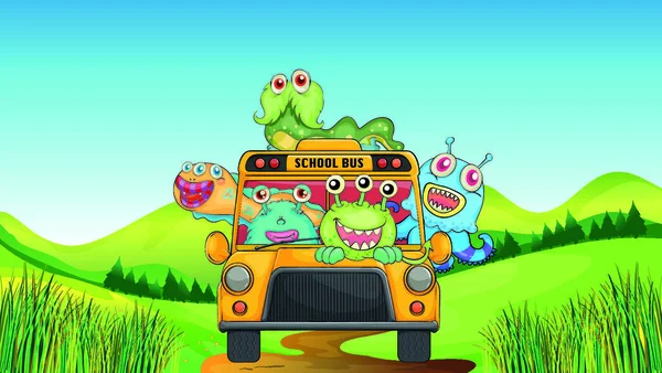Ilustracja Uśmiechniętych Potworów Autobusu Szkolnego — Wektor stockowy