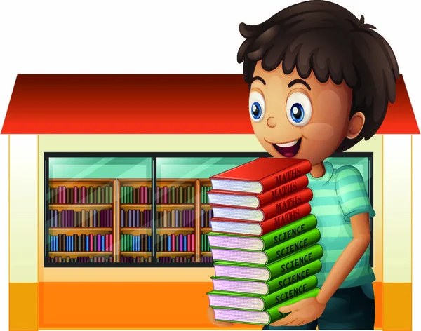 Ilustración Niño Llevando Libros Fuera Biblioteca Sobre Fondo Blanco — Vector de stock