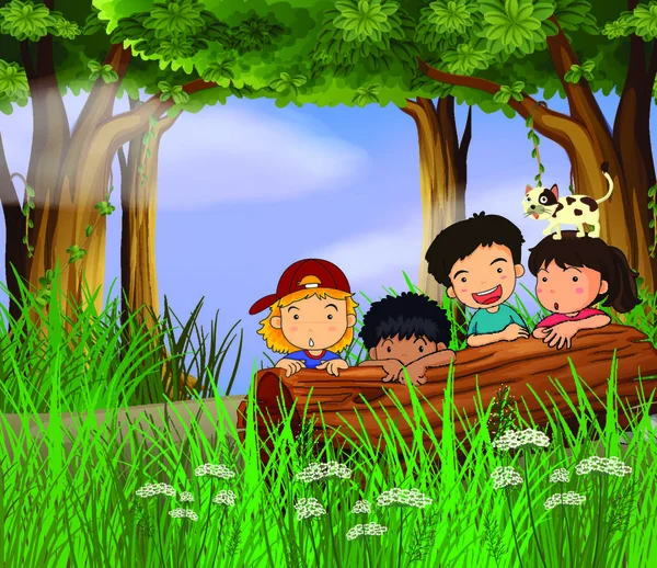 说明四名儿童在森林中玩耍的情况 — 图库矢量图片