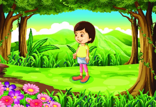 Illustrazione Una Bambina Piedi Nella Foresta — Vettoriale Stock