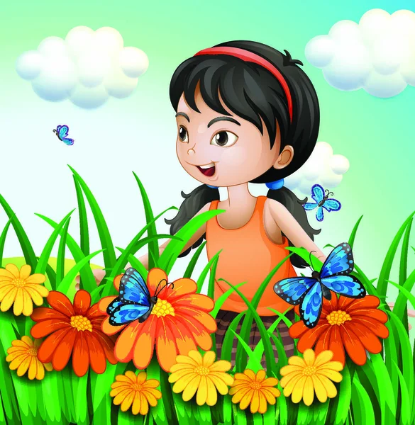 Bahçede Kelebekli Bir Kızın Resmi — Stok Vektör