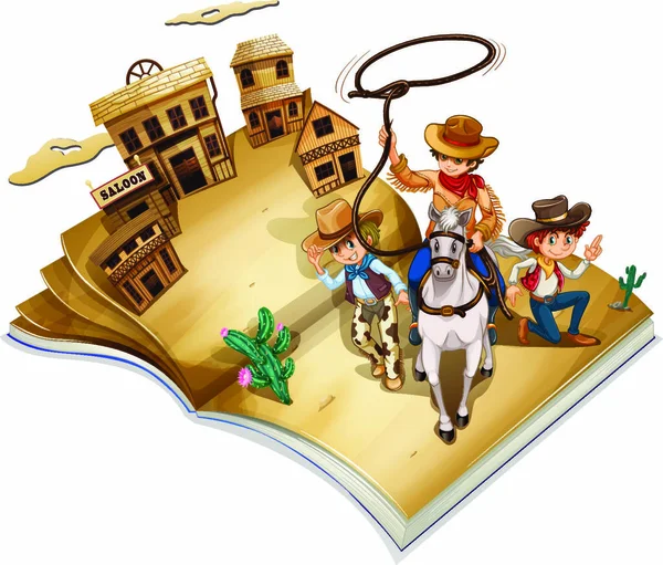 Illustratie Van Een Boek Met Een Afbeelding Van Drie Cowboys — Stockvector