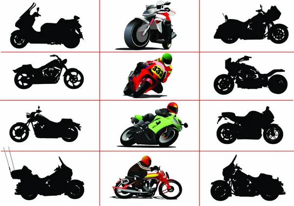 Grote Set Motorfietsen Zwart Wit Kleur Vector Illustraties — Stockvector