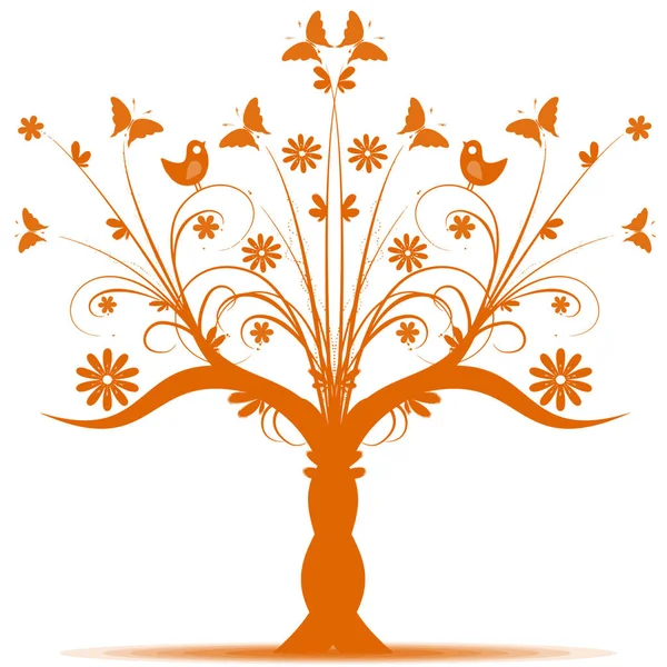 Schöner Kunstbaum Mit Vogel Und Schmetterling Auf Weißem Hintergrund — Stockvektor