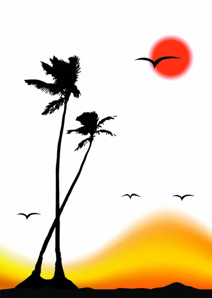 Tropical Sunset Palm Tree Silhouette — Stock Vector