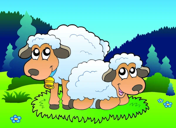 牧草地で2頭の羊 ベクトル図 — ストックベクタ