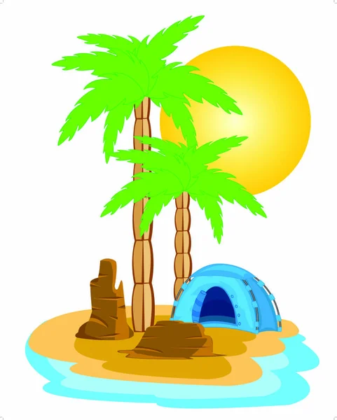 热带岛屿上有棕榈的蓝色帐篷 — 图库矢量图片