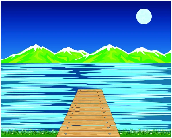 Paisaje Marino Del Muelle Tablas Sobre Fondo Las Montañas — Vector de stock